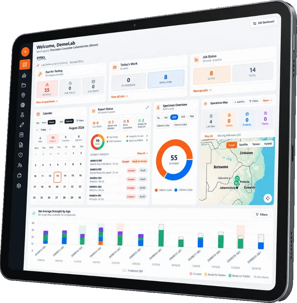 Simplecrete operations dashboard on a tablet